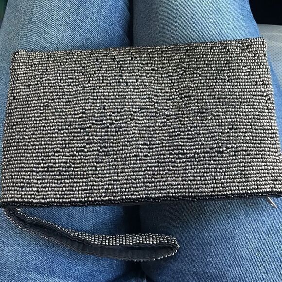 Beaded Clutch in Gunmetal Silver with Black Flower - Picture 2 of 6